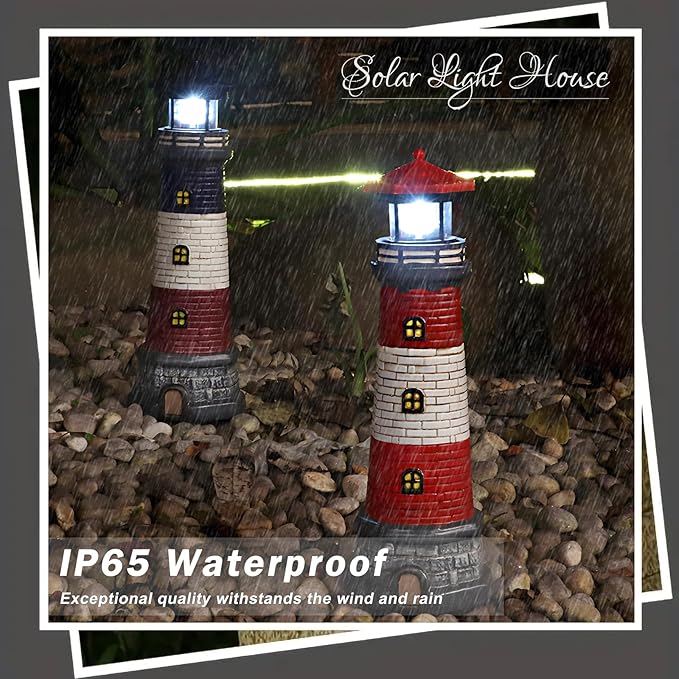 Solar Lighthouse Garden Outdoor Statues Waterproof Lawn Lights Decor Automatic Rotating Solar Lights for Yard Patio Ground Tabletop Decoration Unique Housewarming Gifts - Black