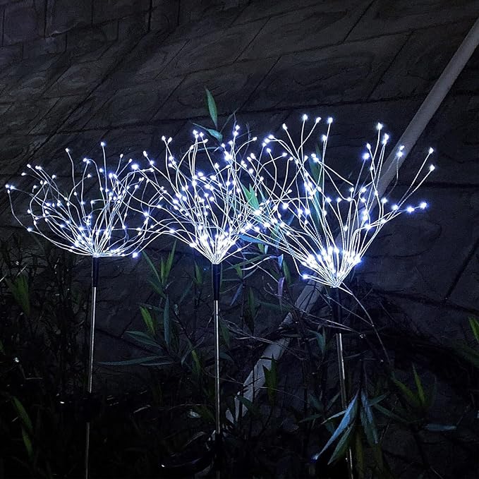 Solar Firework Lights 2Pcs Garden Lights Outdoor Waterproof 120 LED with 8 Modes Twinkling and Steady-On Festive daysStarburst Lights for Path Patio Yard (Cool White)
