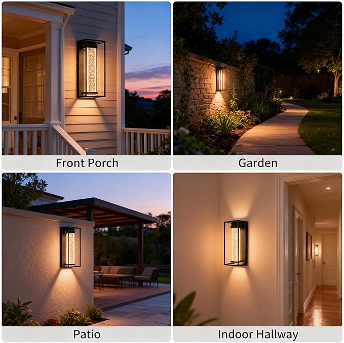 16 Inch Modern Outdoor Wall Sconce Matte Black Waterproof Exterior Wall Light with Metal Frame and Crystal Bubble Glass LED 3000K Warm White Lantern for Porch Garage Patio Lighting (2 Pack)