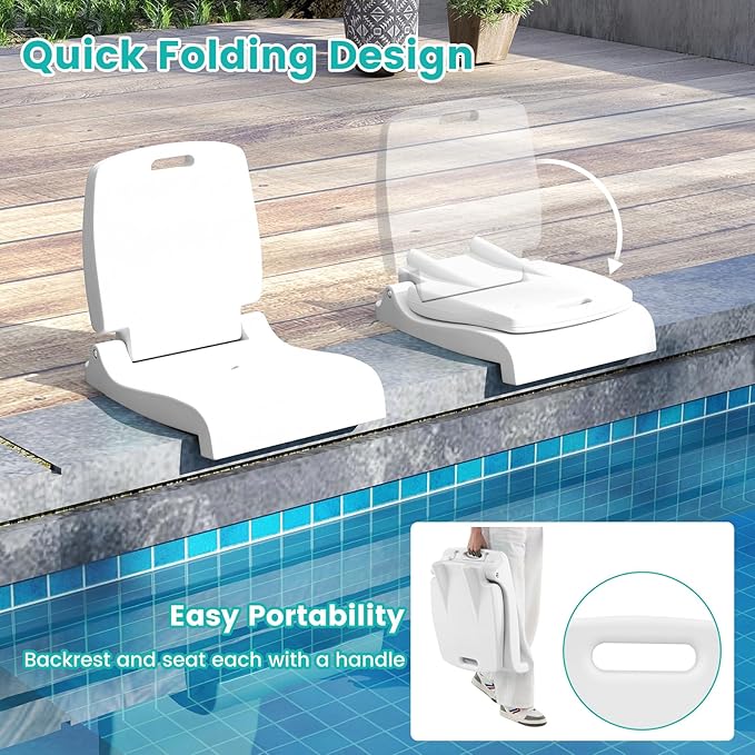 Goplus Poolside Chair for Edge of Pool Foldable Portable Flip Seat w/Back Support &amp 2 Handles Lightweight Outdoor Camping Chair for Stadium Tailgating Fishing Boats Beach (White 2 Packs)