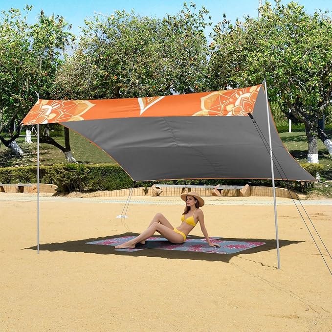 Orange Mandala Beach Tent Sun Shelter 9.2' x 10.5' Beach Canopy with 4 Sandbags 4 Stability Poles Sand Shovels - Tent Canopy for Beach Camping Fishing Picnics