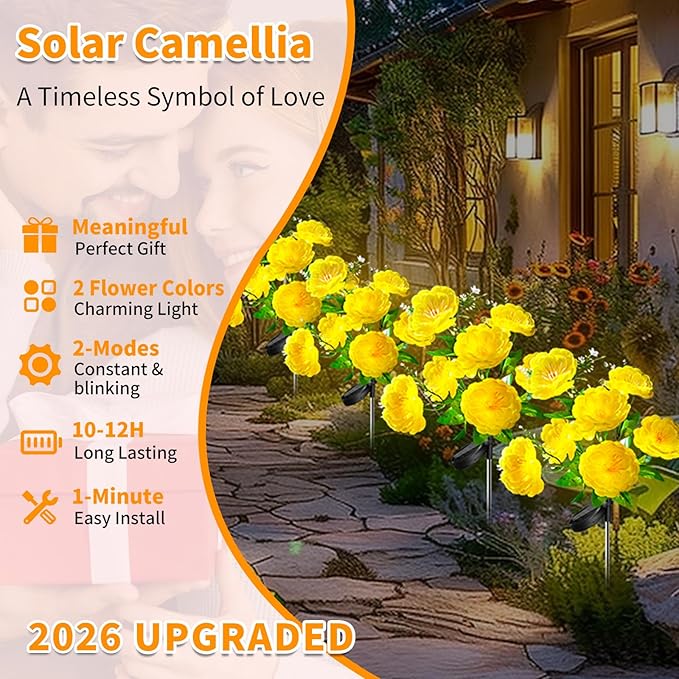 Neporal Solar Flowers Outdoor Waterproof 4PK 7-Stem Yellow Camellia with 2 Lighting Modes &amp Romantic Warm Light Solar Lights Outdoor Decorative for Garden Yard Pathway Gardening Gifts for Wom