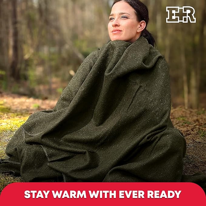 Ever Ready First Aid Olive Drab Green Warm Fire Retardant Blanket 66 x 90 (80% Wool) – US Military Style Heavy-Duty Survival &amp Emergency Blanket for Camping Hunting Outdoors &amp Home Use -