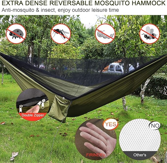 Camping Hammock with Rain Fly Tarp and Mosquito Net Tent Tree Straps Portable Single Double Nylon Parachute Hammock Rainfly Set for Backpacking Hiking Travel Yard Outdoor Activities Green