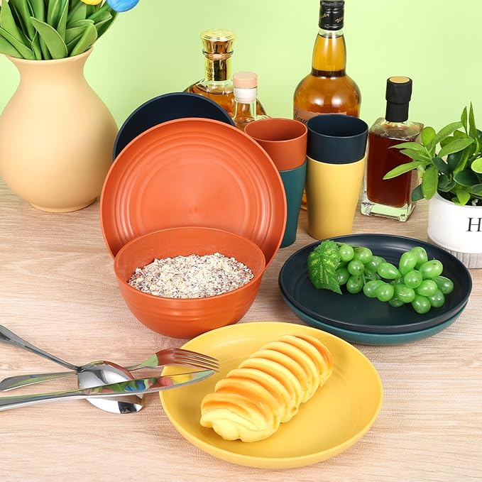 32-Piece Wheat Straw Dinnerware Set Unbreakable Portable Camping Mess Kit with Plates &amp Bowls Dishwasher &amp Microwave Safe for Family Picnics &amp Travel (Colorful)