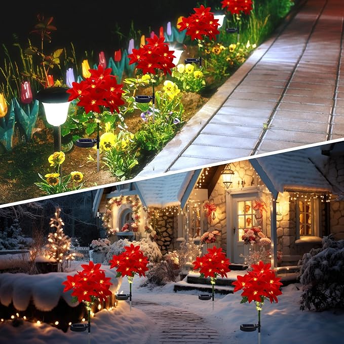 VIHOSE 4 Pcs Christmas Solar Flowers Lights Artificial Poinsettia Landscape Waterproof Solar Poinsettia Lights for Outdoor House Yard Lawn Patio Garden Pathway Christmas Party Supplies (7 Flowers)