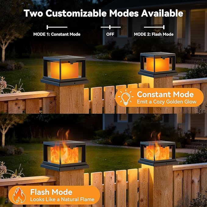 Solar Post Cap Lights Outdoor with Flickering Flame Waterproof Fence Post Solar Lights for 4x4 Wooden/Vinyl Post Black High Brightness Outside Post Cap Lights for Yard Patio Deck Halloween 12-Pack
