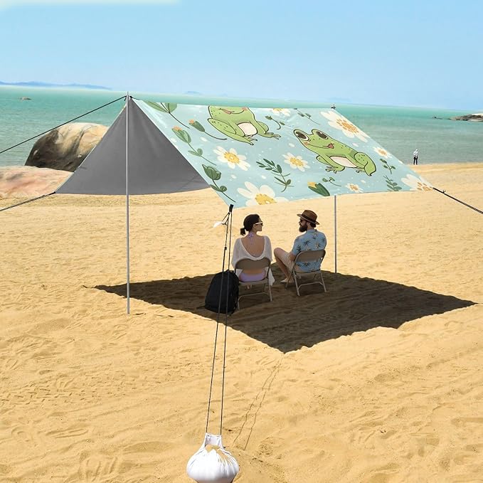 Cute Kawaii Frogs Beach Tent Sun Shelter 9.2' x 10.5' Beach Canopy with 4 Sandbags 4 Stability Poles Sand Shovels - Tent Canopy for Beach Camping Fishing Picnics