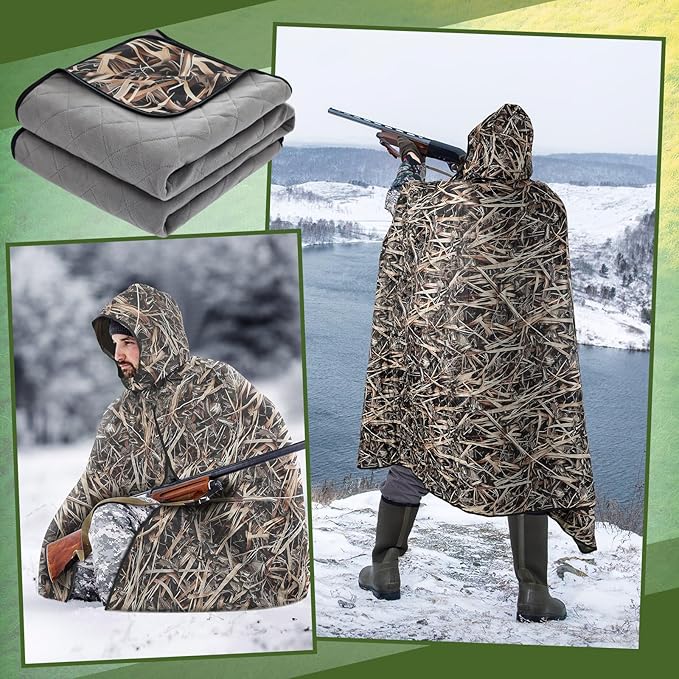 55 x 95 Waterproof Woobie Camo Blanket for Hunting Extra Outdoor Stadium Blankets Sherpa Lining with Hood and Storage Pocket for Deer Duck Hunting Gear Blind Accessories(Waterfowl Grass Camo)