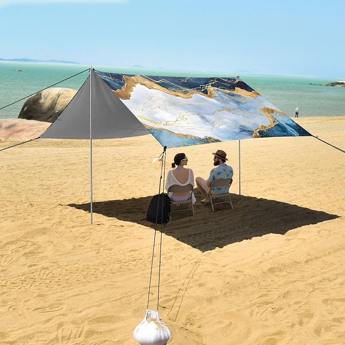 ALAZA Blue &amp Gold Marble Beach Tent Sun Shelter UPF50+ Protection Beach Shade Canopy w/ 4 Sandbags for Outdoor Camping Fishing Backyard Fun Picnic 10x9 ft
