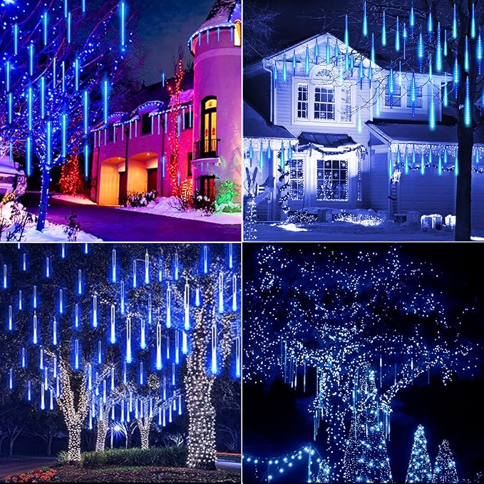 Brightown Meteor Shower Lights Outdoor 16 Inches 20 Tubes 720 LED Icicle Lights Waterproof Meteor Christmas Light Hanging Falling Rain Light for Tree Bushes Holiday Party Christmas Decor Blue