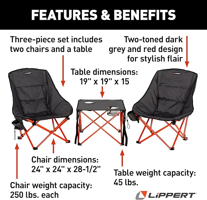 Lippert Baja Overlanding 3-Piece Chair &amp Table Set 600-Denier Polyester Folding Chairs Dual Cupholders Innovative Scoop for Ultimate Comfort Fold-up Convenience - 2023053719