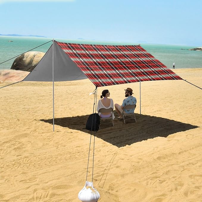 ALAZA Red Grid Tartan Cage Beach Tent Sun Shelter UPF50+ Protection Beach Shade Canopy w/ 4 Sandbags for Outdoor Camping Fishing Backyard Fun Picnic 10x9 ft