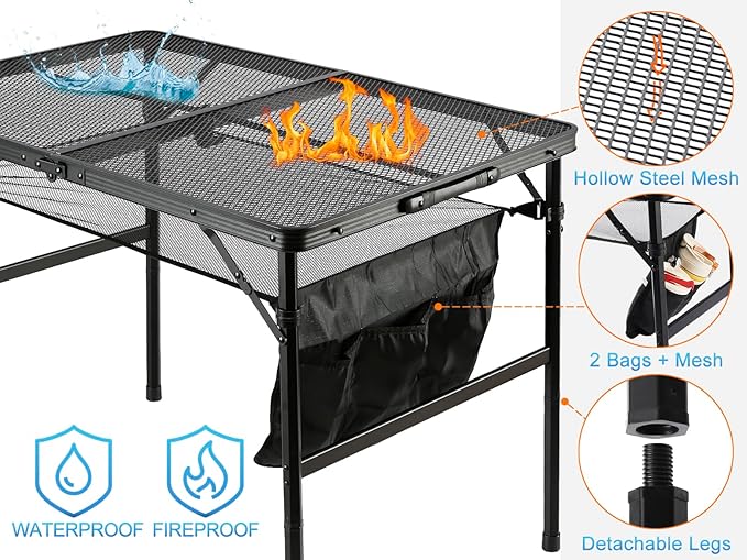 Folding Metal Camping Table with Mesh Layer Portable &amp Lightweight Grill Table for Outdoor 2 Adjustable Heights Metal Mesh Tabletop for Camping Cooking Medium Size (2.95 FT Black)