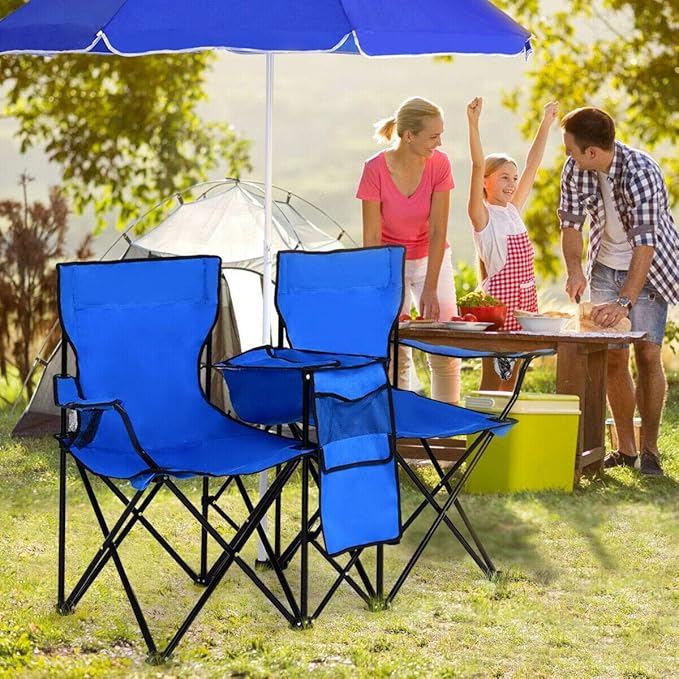 FFlyer Folding Camping Chair 2-Seater Beach Chair w/Umbrella &amp Ice Bag &amp Cup Holder &amp Carrying Bag Double Camp Chair w/Steel Frame &amp Oxford Fabric Portable Chair Ideal for Picnic/Pa