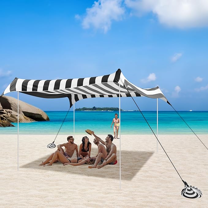 Beach Tent Beach Canopy Sun Shade UPF 50+ Portable 10×10 FT Camping Sun Shelter with Sandbags Poles Ground Pegs and Anti-Wind Ropes for Outdoor Backyard Picnics Fishing-Black Stripe