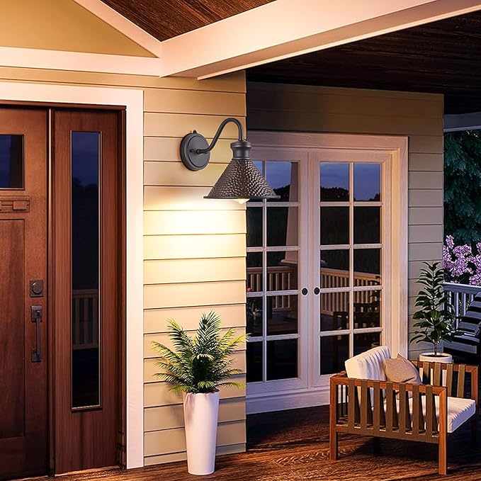 Dusk to Dawn Outdoor Gooseneck Wall Sconce with Dark Sky Cast Hammered Aluminum Shade in Oil Rubbed Bronze FinishAnti-Rust Waterproof Outdoor Light for Farmhouse Porch Garage1-Light E26