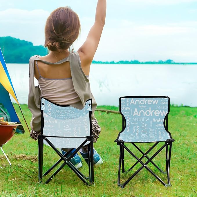 Sinestour Pale Blue Custom Folding Camping Chair for Teen Child Personalized Name 14.6×14.6in Portable Outdoor Chair with Carry Bag for Picnic Barbeques Beach