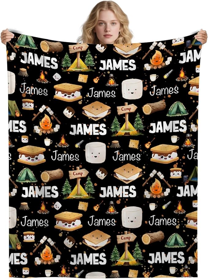 Custom Marshmallow Blanket with Name | Personalized Camping Blanket for Girls Boys | Ultra Soft Customized S'Mores Throw for Couch/Sofa/Travel/Camping Home Decor - 40x50-Kids/Throw Size