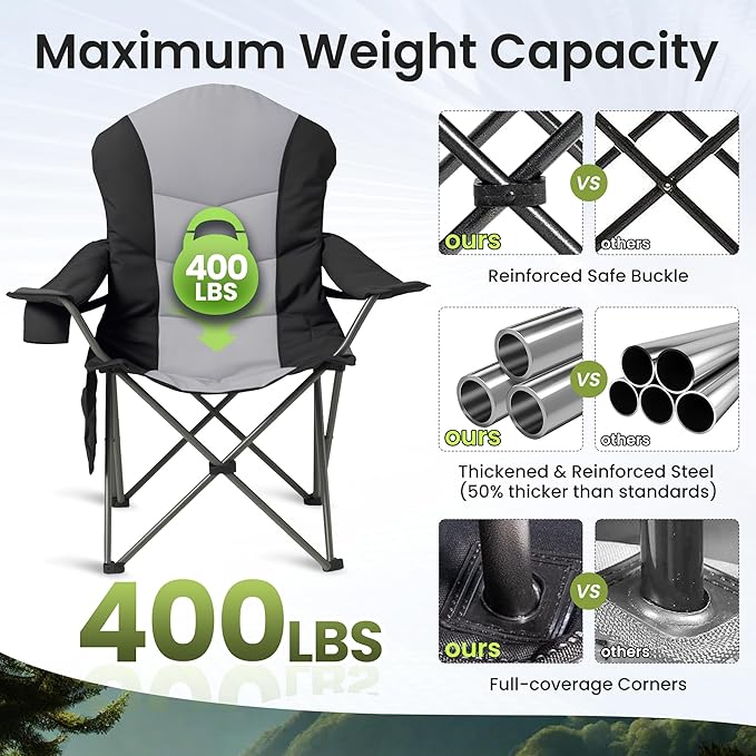 2 Pack Folding Camping Chairs for Adults - High Back Padded Outdoor Lawn Chairs with Lumbar Support &amp Cup Holder 400lbs Heavy Duty Portable Camping Chairs Set (Light Black &amp Gray 2 PCS)