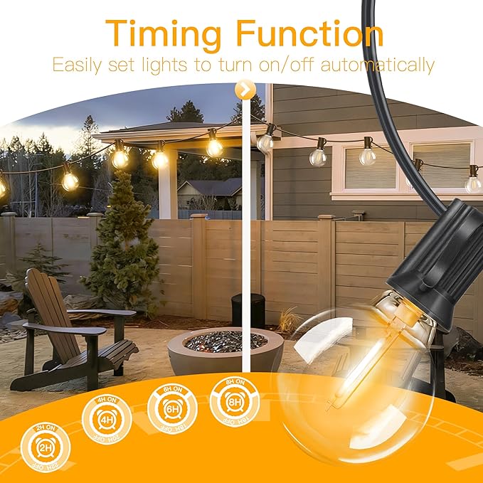 50FT Outdoor String Lights with Remote Dimmer 25 + 2 Spare Led G40 Bulbs Connectable Dimmable Balcony Lights Support Timer Waterproof Shatterproof for Patio Porch Garage Cafe