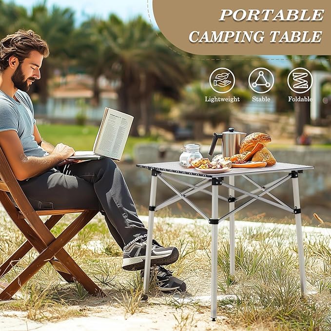 Athena Collection Foldable Camping Table 28 Small Aluminum Outdoor Folding Camp Table with Roll Up Tabletop and Carry Bag Lightweight and Portable for Outdoor Camping Picnic Grilling Silver
