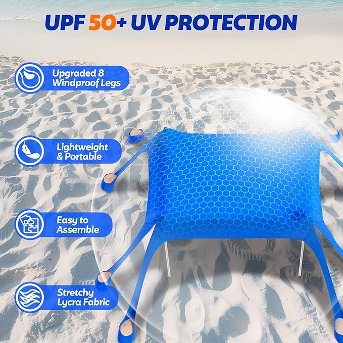FAHKNS Beach Tent Camping Sun Shade UPF50+ with 8 Sandbags Sand Shovel Ground Spikes and Stabilizer Poles 10x10ft Beach Sunshade Beach Tent for Camping Fishing and Picnicking (Blue)
