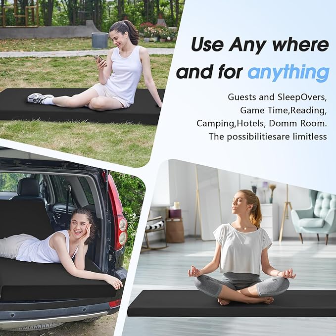 CYMULA Memory Foam Camping Mattress Pad3inch Sleeping Pad for CampingNon-Slip Bottom Floor Cot Car Mattress Bed with Retaining Portable Roll up Mattress Pad Mat for Travel Truck Guest Bed Tent