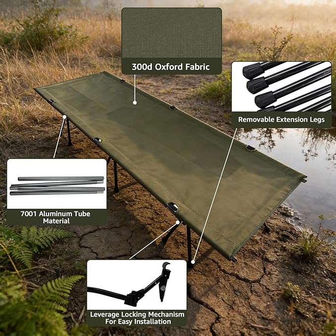 2 in 1 Folding Camping Cot with Leg Extenders Portable Height Adjustable Sleeping Bed 300 lbs Max Load Ultralight Aluminum Cot for Tent Camping Backpacking and Road Trip