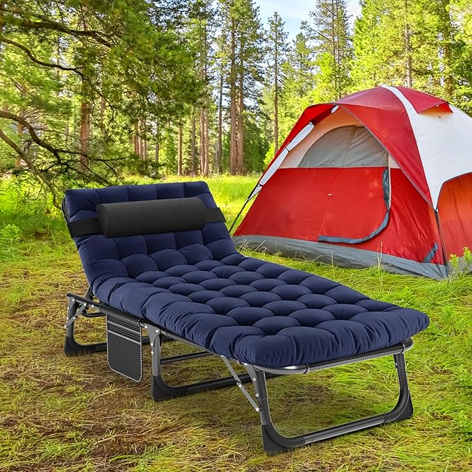 Portable Folding Camping Cot Adjustable 4-Position Adults Reclining Chaise with Pillow Outdoor Lounge Chair Sleeping Cots Bed Perfect for Camping Pool Beach Patio