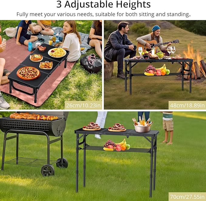 Anbte Folding Camping Table with Storage Net 3ft Camping Table Aluminum Folding Table with 3 Adjustable Height Max 27.5 Inch Picnic Table Portable Table for Outdoor Backyard BBQ Pure Black