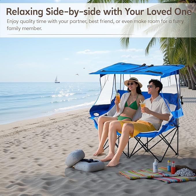 TUKAILAi Double Camping Chair with Canopy Shade Oversized Folding 2 Person Loveseat with Cup Holders and Side Pockets Portable Outdoor Couch for Beach Lawn Picnic Fishing (Blue + Grey)