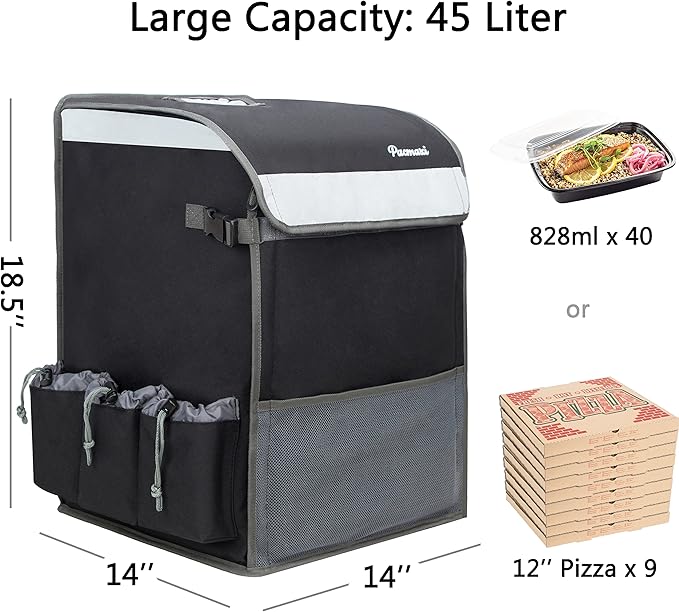 PACMAXI Food Delivery Backpack Insulated Food Delivery Bag with 6 Cup Holder Reusable Food Delivery Bag with Reflective Straps(Black)