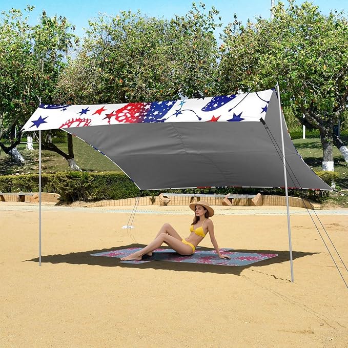 American Flag with Butterflies Beach Tent Sun Shelter 9.2' x 10.5' Beach Canopy with 4 Sandbags 4 Stability Poles Sand Shovels - Tent Canopy for Beach Camping Fishing Picnics