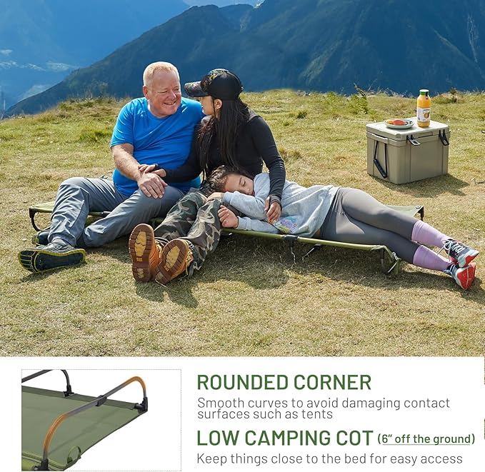TIMBER RIDGE 20-Second Quick Set-Up Camping Cot Lightweight Aluminum Folding Cot Low Profile with Zipper Closure Portable Carry Bag for Camping Travel and Outdoors Support up to 225lbs Green