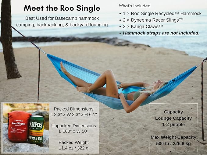KAMMOK: Roo Single Hammock | Made from Strong &amp 100% Recycled Water Resistant Ripstop Fabric | Comfortable Packable Lightweight (Lifetime Adventure Grade Warranty) Midnight Blue