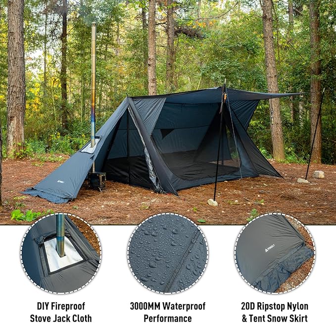 POMOLY Hot Tent Bushcraft Tent STOVEHUT 20 Ultralight Shelter with 4 Poles for 1-2 Person Camping Hiking Backpacking (Blue Grey)