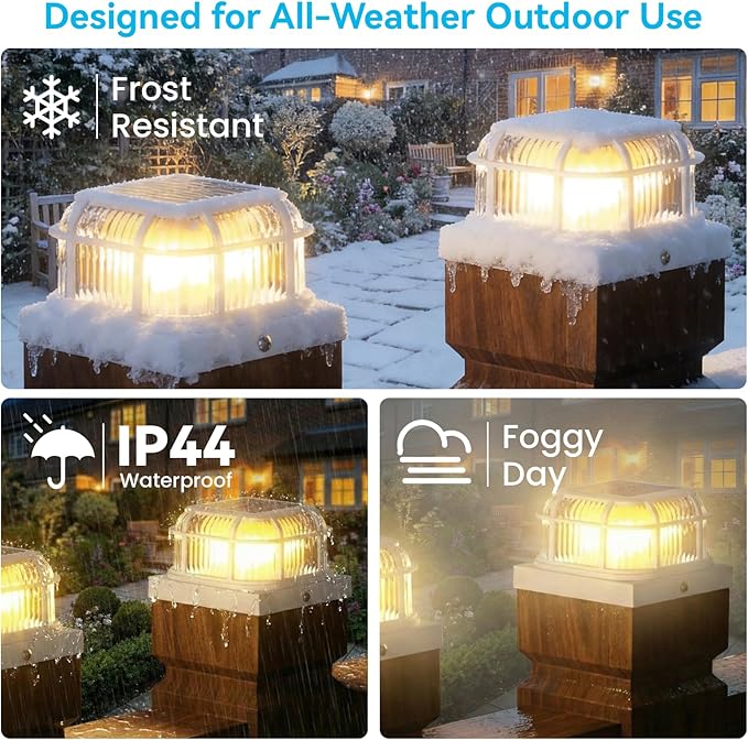 Solar Post Light 6 Packs with 4x4 5x5 and 6x6 Inches Base for Vinyl/Wooden Posts Bright 16 LEDs Solar Cap Lights with Two Light Modes for Decorating Deck Patio Porch Fence (White)