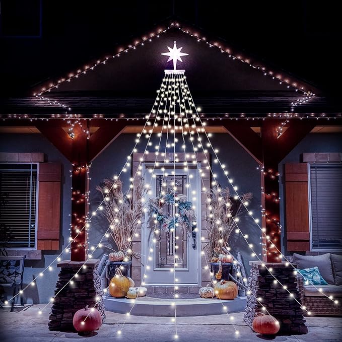 PUHONG Christmas Lights Outdoor Christmas Decoration String Lights16.4Ft 320 LED Tree Lights [8 Modes &amp Waterproof] with 11 Lighted Star for Halloween Xmas New Year Holiday Birthday (White)