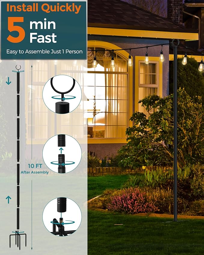 LAND·VOI Metal String Light Poles for Outside Hanging - Backyard Garden Patio 2 Pack Lighting Stand with Adjustable Height for Outdoor Parties Wedding Extra-Long 5-Prong Claws (10FT) FLP02B