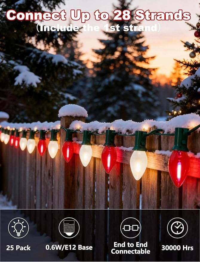 Red and White Christmas Lights Outdoor25ft C7 LED Christmas Lights with 27 Transparent Red and Frosted White BulbsConnectable Vintage Light for Patio Xmas Garden Party Holiday Decor