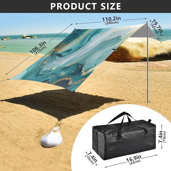 Abstract Turquoise Pattern Beach Tent Sun Shelter 9.2' x 10.5' Beach Canopy with 4 Sandbags 4 Stability Poles Sand Shovels - Tent Canopy for Beach Camping Fishing Picnics