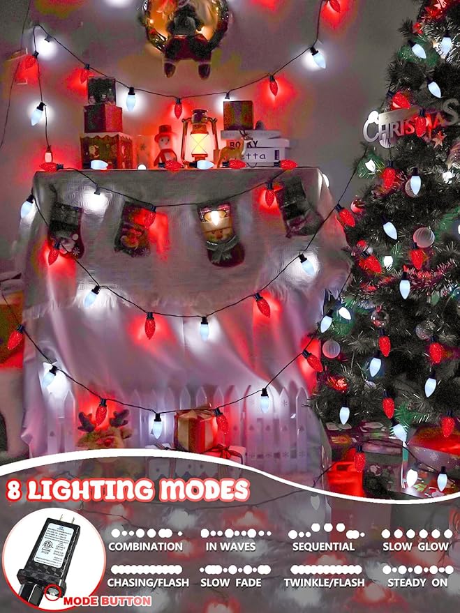 2-Pack Connectable C9 Christmas Lights Outdoor Indoor 66 FT 100 LED Christmas String Lights Plug in with 8 Modes &amp Timer Waterproof Fairy Twinkle Light for Xmas Tree Yard Decorations (Red and Wh