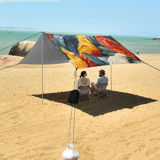 Colorful Birds Beach Tent Sun Shelter 9.2' x 10.5' Beach Canopy with 4 Sandbags 4 Stability Poles Sand Shovels - Tent Canopy for Beach Camping Fishing Picnics