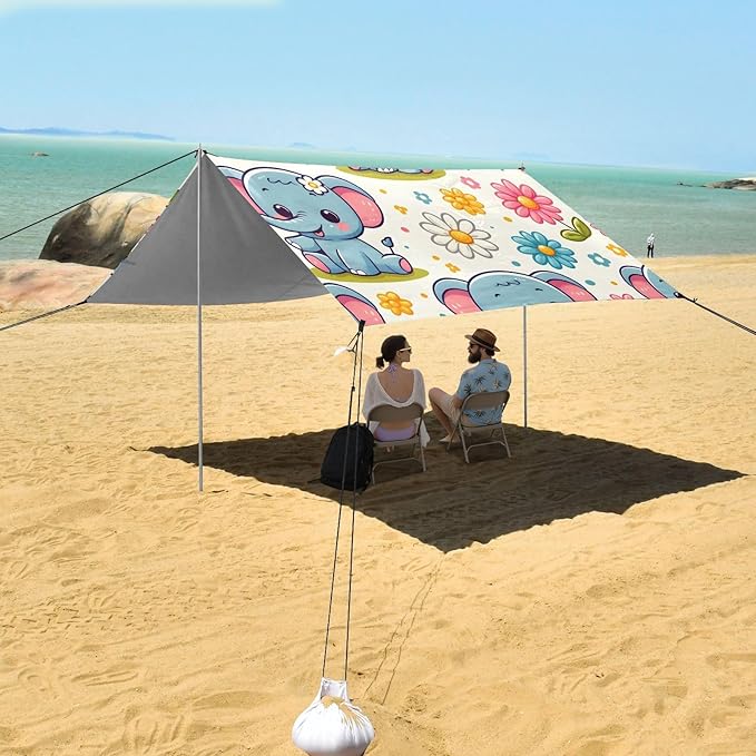 Cute Cartoon Little Elephant Little Daisy Camping Sun Shelter Beach Tent Portable Beach Sun Shade Outdoor Canopy for Camping Trips Fishing Picnic