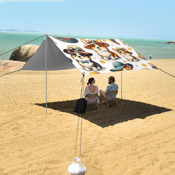 Cute Cute Dogs in Hat Camping Sun Shelter Beach Tent Portable Beach Sun Shade Outdoor Canopy for Camping Trips Fishing Picnic