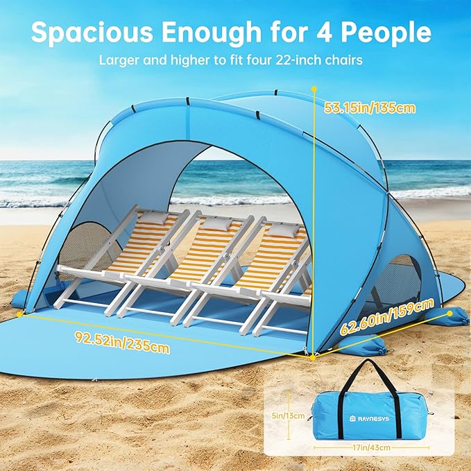 Beach Tent Sun Shelter Sun Shelter for 1-4 Person Beach Shade Tent Beaches Shade with 2 Zippered Doors Portable Tents for Camping Fishing Blue
