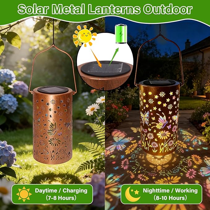 Colorful Butterfly Solar Lanterns Outdoor Waterproof Garden Decor Gifts for Women Mom Sister Grandma LED Hanging Solar Lantern Lights Outside for Table Yard Lawn Garden Path Porch Decor