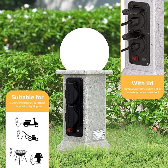 uuffoo Pathway Lights with Outdoor Outlet 4-Socket Marble Look Weatherproof Plug Cover with LED Ball Light Dusk-to-Dawn Sensor 3M Cord Landscape Lighting for Patio Garden Walkway Driveway Decor