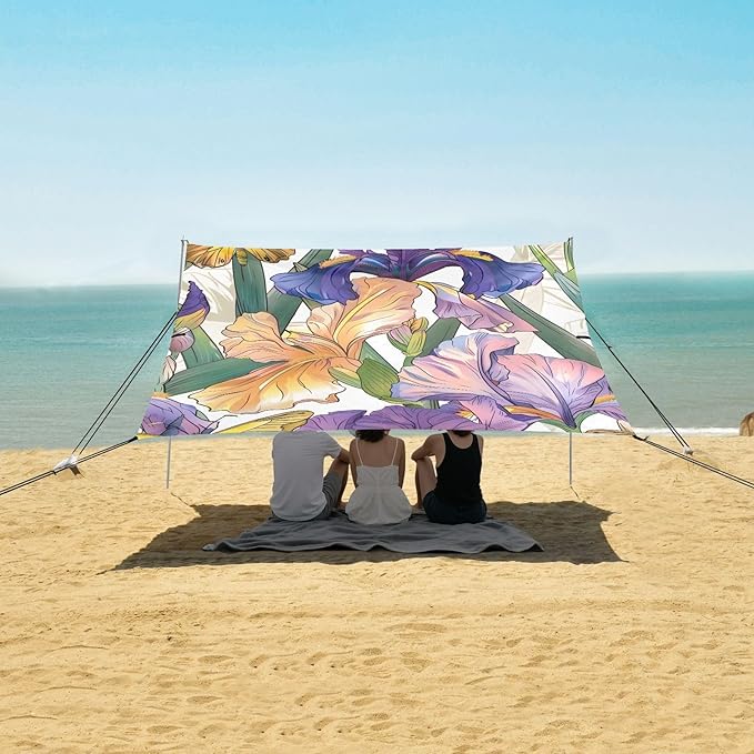 ALAZA Iris Flower Floral Butterfly Beach Tent Sun Shelter UPF50+ Protection Beach Shade Canopy w/ 4 Sandbags for Outdoor Camping Fishing Backyard Fun Picnic 10x9 ft